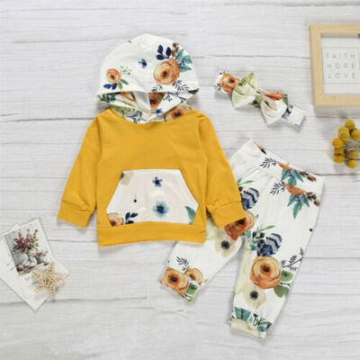 

US Baby Girl Long Sleeve Hooded Sweatshirt Floral Pants Headband Newborn Outfit