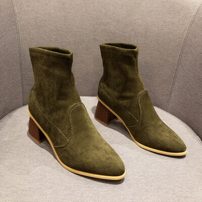 

Elastic boots women fallwinter thick-heeled short boots side zipper slimming bare boots high-heeled Martins single boots