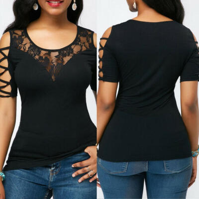 

Women Lace Short sleeve Loose Camisole Casual V-Neck Tank Tops Blouse T-Shirt