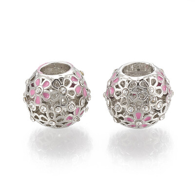 

Alloy Enamel European Beads with Rhinestone Hollow Large Hole Beads Rondelle with Flower Platinum 115x95mm Hole 5mm