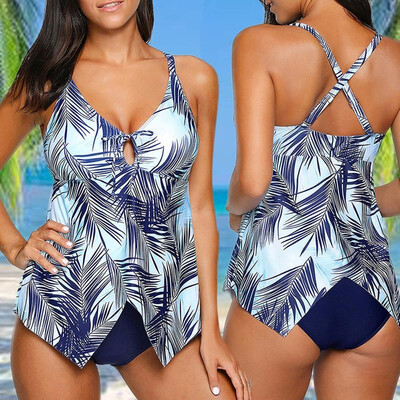 

Sexy Women Leaf Print One Piece Swimsuit V Neck Split Hem Backless Bathing Monokini Swimwear