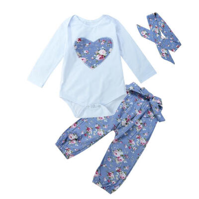 

3pcs Newborn Baby Long Sleeve Cute Heart Embroidery Rompers Pants Headband