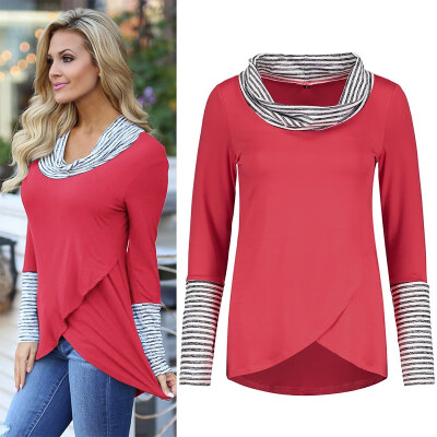 

Women Striped Print Turtleneck Colorblock Long Sleeve Summer Loose Casual Simple Wild T-Shirt