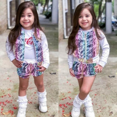 

Toddler Kids Baby Girl Zipper Tops Jacket Shorts Sequins Outfits Clothes 1-7T