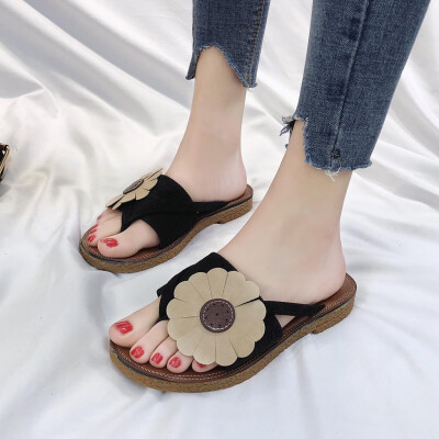 

Rose Fashion Women Summer Roman Flowers Slippers Round Toe Flat Retro Beach Slippers