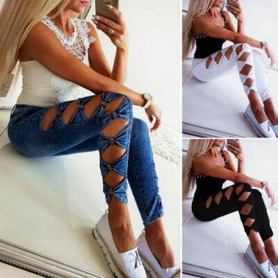 

Women Denim Slim Skinny Ripped Pants High Waist Stretch Jeans Pencil Trousers UK