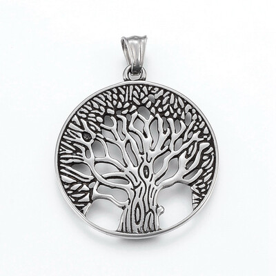 

304 Stainless Steel Pendants Flat Round with Tree of Life Antique Silver 43x38x25mm Hole 5x8mm