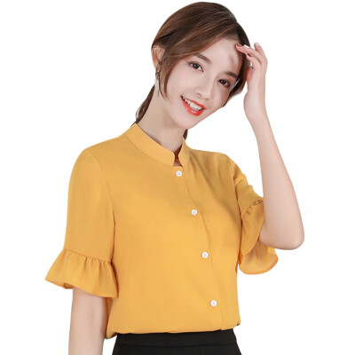 

Womens Solid Stand Collar Casual Loose Short Butterfly Sleeve Ruffles Chiffon Blouse