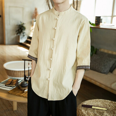 

Toponeto Mens Spring&Summer Chinese Wind Leisure Flax Cotton Short-sleeved Tops