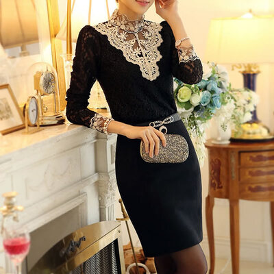 

Asian Size Women Long Sleeve Slim Blouses Office Lady Soft Mandarin Collar Shirt Lace Tee Tops