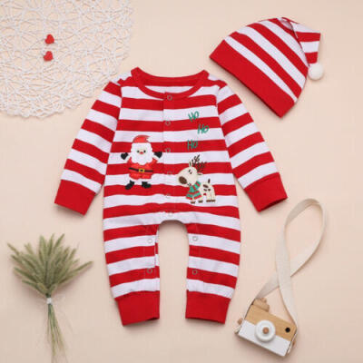 

US My 1st Christmas Infant Baby Boy Girl Clothes Striped RomperHat Santa Outfit