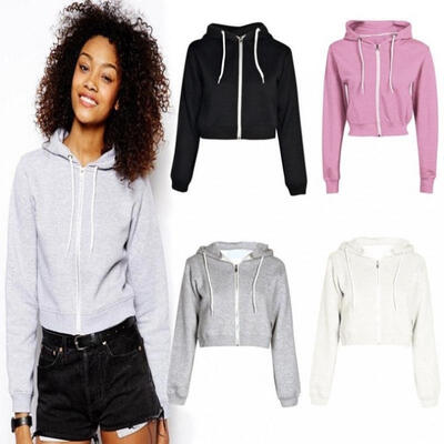 

US New Women Long Sleeve Hoodie Sweatshirt Sweater Casual Crop Top Coat Pullover