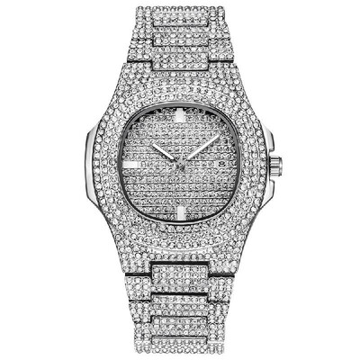 

Men Business Quartz Watch Luxury Full Diamond Watches Fashion Calendar Alloy Band Wrist Watch
