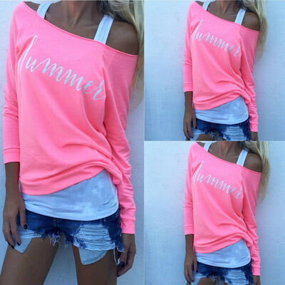

Womens Summer Off Shoulder Loose T Shirt Lady Sexy Long Tops Casual Blouse