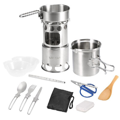 

Lixada 12Pcs Camping Cookware Mess Kit Outdoor Portable Stainless Steel Folding Wood Stove Pot Pan Set Bowls Spoon Spork Tableware