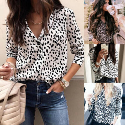 

Sexy Womens V-neck Tops Long Sleeve Shirt Leopard Print Blouse T-shirt