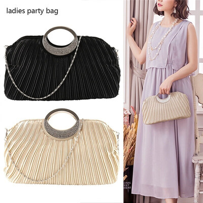 

Fashion Women Satin Pleated Front Surface&Rhinestones Ornate Women Wedding Evening Party Clutch Bag Purse