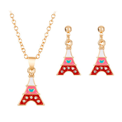 

Tower Pendant Necklace Earring Set Women Girls Rhinestone Drop Oil Necklace Collar Alloy Ear Studs