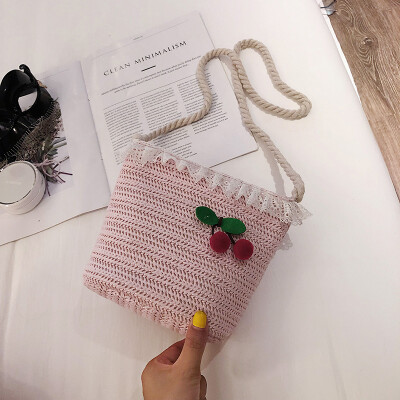 

2019 new cute cherry woven bag fashion temperament shoulder Messenger bag female casual wild shoulder bucket bag