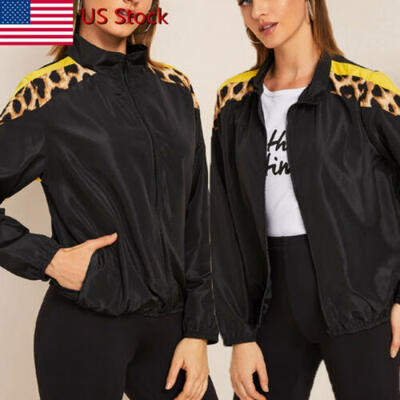 

Women Autumn Sport Leopard Stitching top Zipper Punk Loose Coat Jacket Tops
