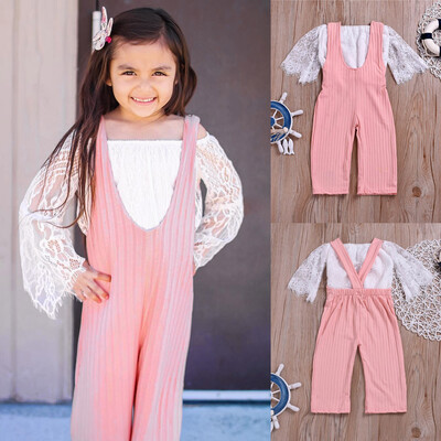 

Toddler Baby Girls Lace Off Shoulder Tops Striped Suspender Pants Outfits Set