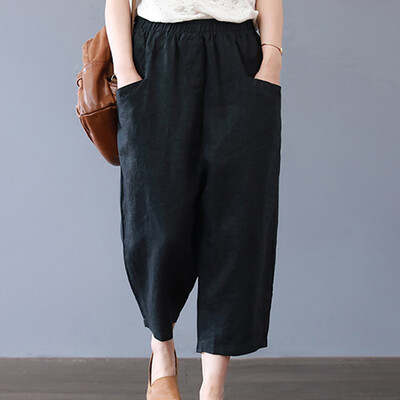

Women Solid High Waist Cotton And Linen Long Pants Casual Beach Trousers