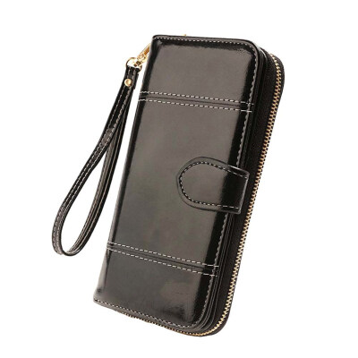 

Retro Women Solid Color Oil Wax Faux Leather Wallet Long Zipper Coin Bag Purse