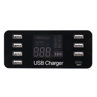 

8-Port USB Charger LCD Display Power Adapter with Type-C Port Multi-functional Charger Station for Home Office&Travel