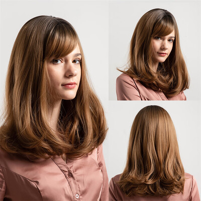 

〖Follure〗Synthetic Natural Wave Hair Wig with Bangs Shoulder Length Dark Root Ombre Brown