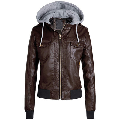 

Toponeto Women Slim Leather Jacket Removable Zipper Caps Hooded Warm Short Coats Outwear