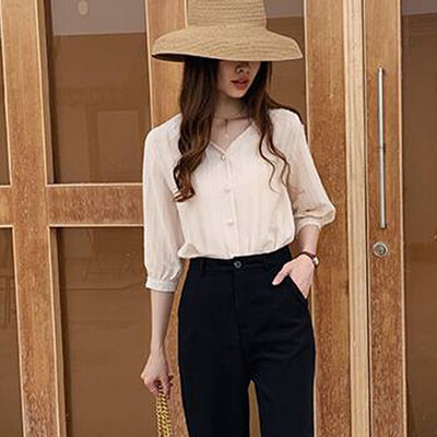 

Starmoon Women Fashion Leisure V-Neck Tops Button Pure Color Half Sleeve T-Shirt Blouse