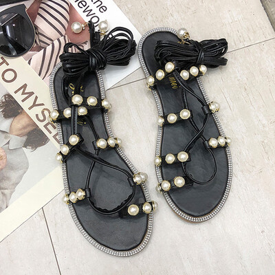 

Korean Pearl Tourist Sandals Female Flat Bottom Thai Holiday Student Toe-clipping Fire Roman Sandals Female