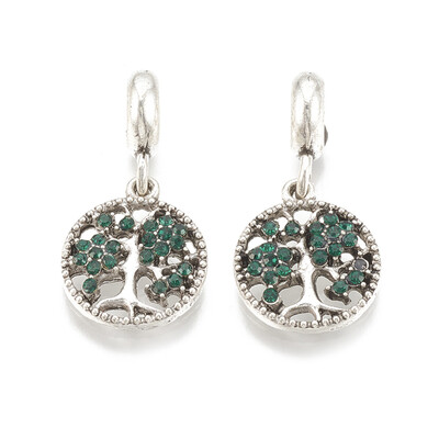 

Alloy European Dangle Beads with Rhinestone Large Hole Pendants Flat Round with Tree Antique Silver Emerald 27mm Hole 5mm