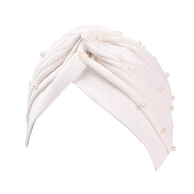 

Women Turban Hat Faux Pearl Pleated Muslim Hijab Stretch Cap Chemo Head Scarf