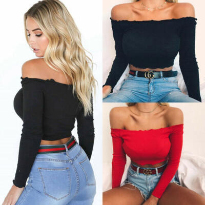 

UK Womens Casual Off Shoulder Tank Top Vest Blouse Long Sleeve Crop Tops Shirt