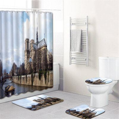 

Gobestart Waterproof Bathroom Shower Curtain Set Non-Slip Rug Toilet Lid Cover Bath Mat