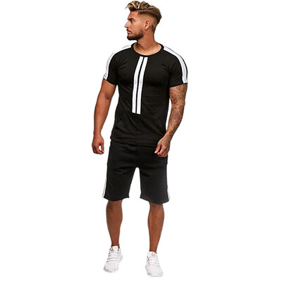 

Toponeto Mens Summer Leisure Stripe Color Collision Short Sleeve Shorts Sports Thin Sets