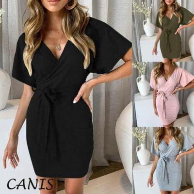 

Women Short Sleeve Mini Dress V-neck Summer Solid Dress Beach Casual Hoilday