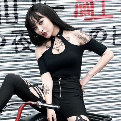 

Starmoon Fashion Women Gothic Street Punk Halter Strapless Short Sleeve Blouse Shirt Top