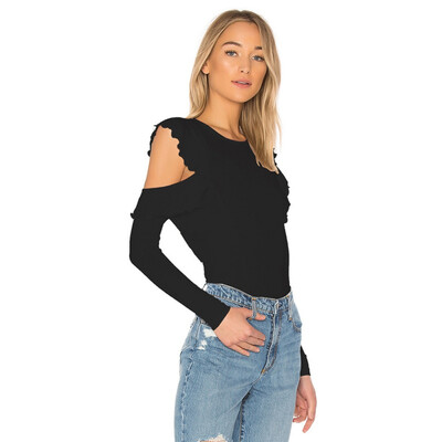 

Women Tops Spring Autumn O Neck Loose Long Sleeve Shirt Cold Shoulder Women Tops T-shirt Ladies Lotus Leaf Strapless Slim Shirt