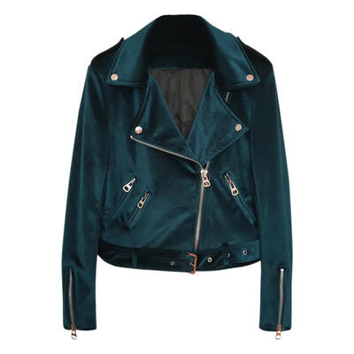 

Women Velvet Autumn Jackets Turn Down Collar Slanted Zipper Slim Fit Coat