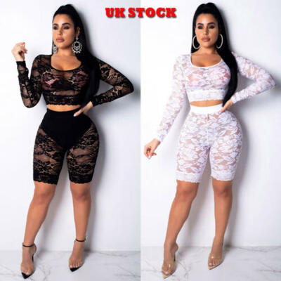 

Womens Long Sleeve See Through Lace Mesh Crop Top T-ShirtShorts Set Jumpsuit UK