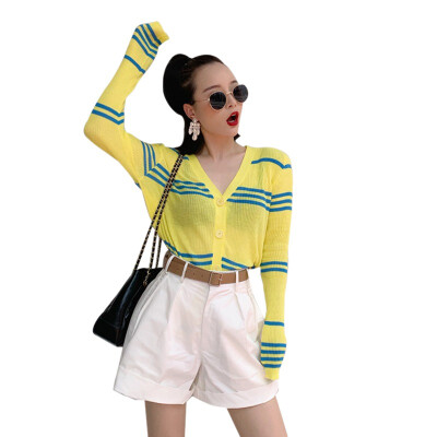 

Sweater Cardigans Women V-neck Striped Long Sleeve Slim Sweater Short Knit Casual Autumn Wild Female Cardigans