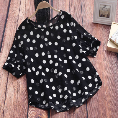 

Starmoon Women Cotton And Linen Loose O-Neck Short Sleeve Polka Dot T-Shirt Blouse Tops