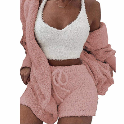 

Fashion Women Cardigan Sweater Plush Hooded Coat Shorts Set Sleepwear 2PCS