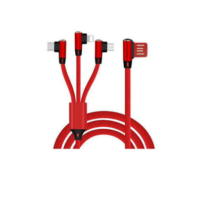 

90 Degree Double Elbow 3 In 1 Charging Cable Lightning Type-C Micro USB Nylon Braided Multi Charging Cord Line-15m