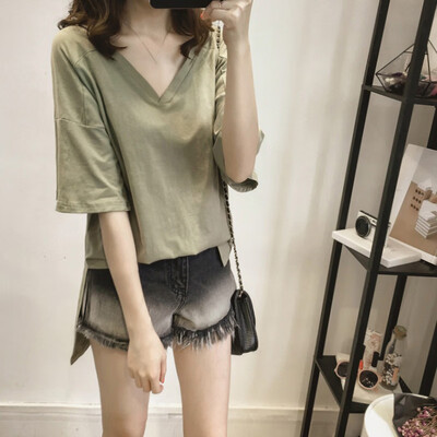 

Womens Fashion Casual Short Sleeve T-Shirt O-Neck Pure Color Short Loose Blouse