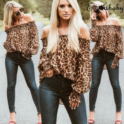 

Fashion Women Leopard Off Shoulder Tops Puff Sleeve Loose Blouse