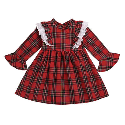

Baby Girls Lace Flying Sleeve Rompers Kids Dress Sisters Plaid Clothing