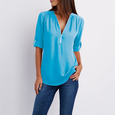 

Roseonmyhand Women Ladies Zipper Button Long Sleeves Loose Chiffon Shirt Clothing